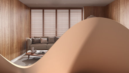 Abstract architecture background, wavy fluid shape, creative wall, japandi wooden living room in...