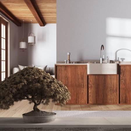 Vintage wooden table shelf with potted bloom bonsai, beige leaves, flowers, over farmhouse wooden living room and kitchen, zen clean architecture concept ideaの写真素材