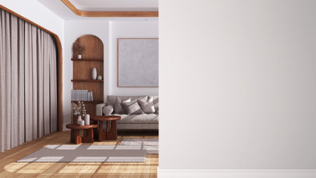 Farmhouse wooden living room in boho style with sofa on a foreground wall, interior design architecture idea, concept with copy space, blank background, template, mock upの写真素材