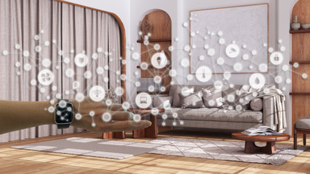 Woman wearing a smart watch, arm, wrist, geometric background with connected line and dots showing internet of things system, home automation concept over boho living roomの写真素材
