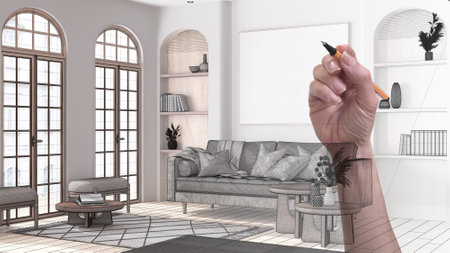 Hand drawing custom country farmhouse living room with fabric sofa and arched windows, parquet floor and carpets. Tailored unfinished project architecture interior designの写真素材