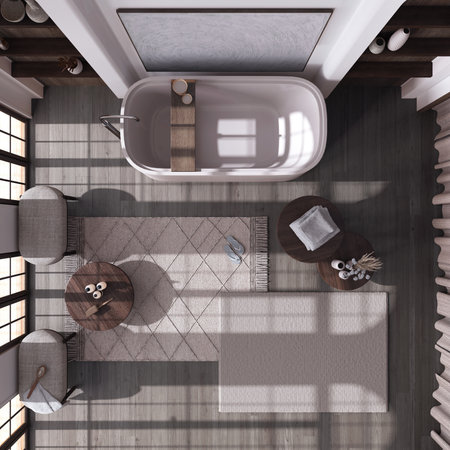 Dark wooden bathroom with freestanding bathtub, coffee tables and carpets in white and beige tones. Parquet floor. Top view, plan, above. Farm house interior designの写真素材