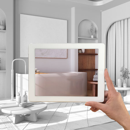 Augmented reality concept. Hand holding tablet with AR application used to simulate furniture products in custom architecture design, total white background, wooden bathroomの写真素材