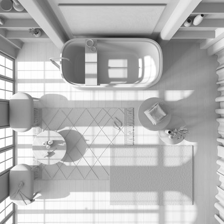Total white project draft, wooden bathroom with freestanding bathtub, coffee tables and carpets....