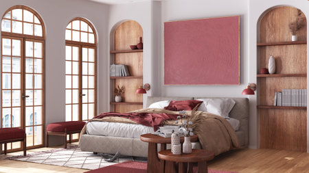 Bedroom in boho style with arched windows and parquet. Master bed with duvet, carpet and side tables...