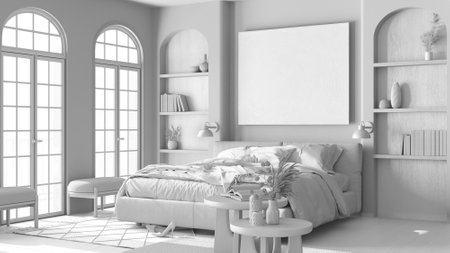 Total white project draft, bedroom in boho style with arched windows and parquet. Master bed with duvet, carpet and side tables. Farmhouse wooden interior designの写真素材