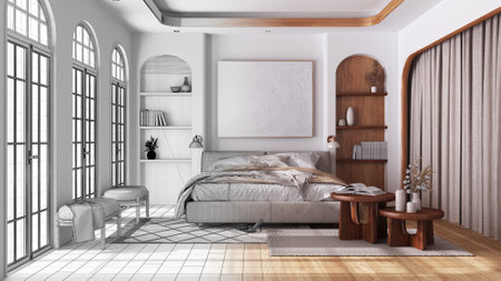 Architect interior designer concept: hand-drawn draft unfinished project that becomes real, modern wooden bedroom. Master bed, carpets, tables and armchairs. Boho styleの写真素材