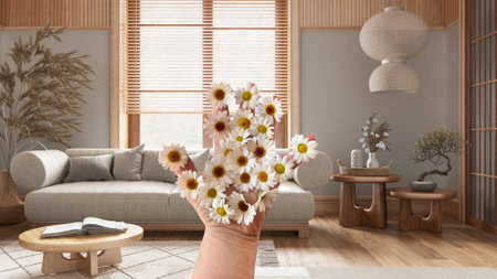 Woman's hand holding daisies, spring and flowers idea, over japandi wooden living room with sofa, wallpaper, minimal interior design ideaの写真素材
