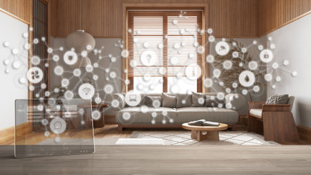 Wireless tablet with smart home app on wooden table, background with connected line and dots showing internet of things system, home automation concept over japandi living roomの写真素材