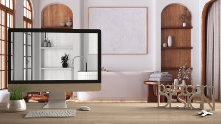 Architect designer project concept, wooden table with keys, 3D letters words bathroom design and desktop showing draft, blueprint CAD sketch in the background, japandi styleの写真素材