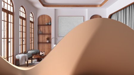 Abstract architecture background, wavy fluid shape, creative wall, minimalist bathroom in japandi...