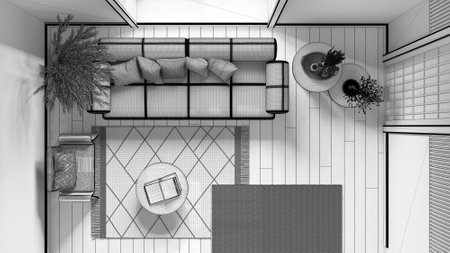 Blueprint unfinished project draft, japandi living room wooden walls. Parquet, fabric sofas, carpets and decors. Japanese interior design. Top view, plan, aboveの写真素材