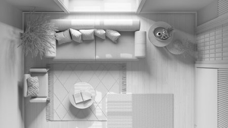 Total white project draft, japandi living room wooden walls. Parquet, fabric sofas, carpets and decors. Japanese interior design. Top view, plan, aboveの写真素材