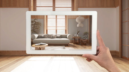 Augmented reality concept. Hand holding tablet with AR application used to simulate furniture and design products in empty interior with parquet floor, japandi living roomの写真素材