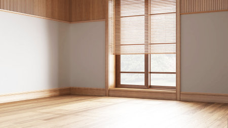 Empty room interior design, open space with parquet floor, big window with venetian blinds, wooden and white walls, modern architecture concept ideaの写真素材