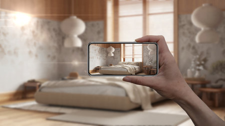 Hand holding smart phone, AR application, simulate furniture and interior design product in real home, architect designer concept, blur background, japandi wooden bedroomの写真素材