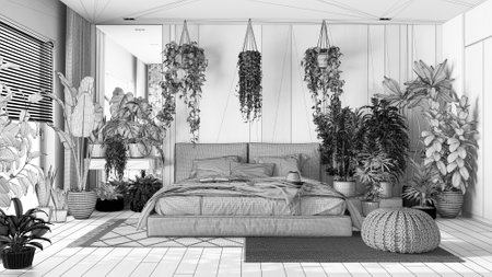Blueprint unfinished project draft, urban jungle, modern bedroom. Master bed, parquet floor and decor, houseplants. Home garden interior design. Love for plants conceptの写真素材