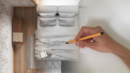 Architect interior designer concept: hand drawing a design interior project while the space becomes real, wooden japandi bedroom with bed, pillows, duvet, top view, plan, aboveの写真素材