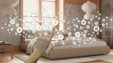 Glowing smart home interface, geometric background, connected line and dots showing internet of things system, hand pointing icons over japandi bedroom, home automation conceptの写真素材