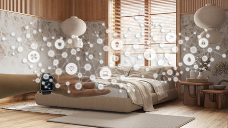 Woman wearing a smart watch, arm, wrist, geometric background with connected line and dots showing internet of things system, home automation concept over japandi bedroomの写真素材