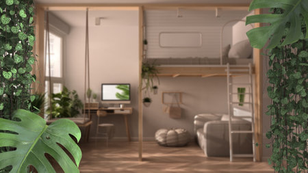 Jungle frame, biophilic concept idea interior design. Tropical leaves over modern bedroom with bunk bed. Cerpegia woodii and monstera deliciosa plantsの写真素材
