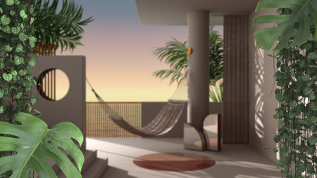 Jungle frame, biophilic concept idea interior design. Tropical leaves over tropical terrace with sunset sky. Cerpegia woodii and monstera deliciosa plantsの写真素材