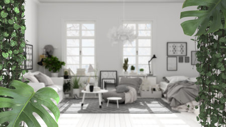 Jungle frame, biophilic concept idea interior design. Tropical leaves over scandinavian bedroom with...