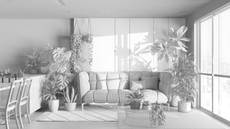 Total white project draft, urban jungle, kitchen and living room. Dining table, parquet floor and...