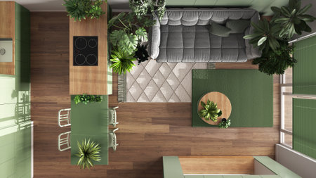 Urban jungle, kitchen and living room in white and green tones. Dining table and houseplants. Home garden interior design. Top view, plan, above. Love for plants conceptの写真素材