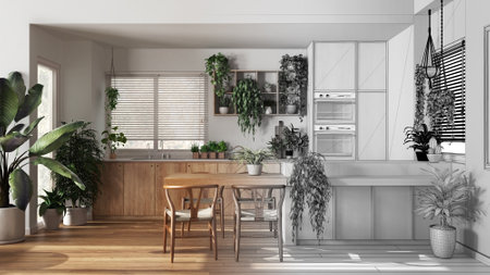 Architect interior designer concept: hand-drawn draft unfinished project that becomes real, urban jungle, wooden kitchen with many houseplants. Biophilic concept ideaの写真素材