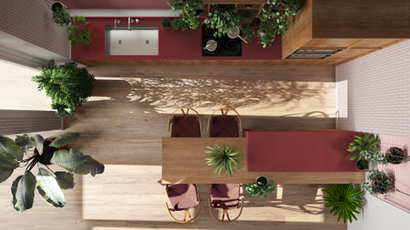 Urban jungle interior design, wooden kitchen in white and red tones with many houseplants. Island with chairs and appliances. Biophilic concept idea. Top view, plan, aboveの写真素材