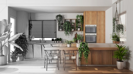 Architect interior designer concept: hand-drawn draft unfinished project that becomes real, urban jungle, wooden kitchen with many houseplants. Biophilic concept ideaの写真素材