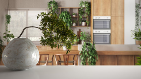 White mat table shelf with round marble vase and potted bonsai, green leaves, over kitchen with dining table, minimalist interior design, urban jungle concept ideaの写真素材