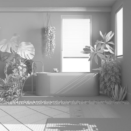 Total white project draft, modern wooden bathroom close up with bathtub and many houseplants. Biophilia concept. Urban jungle interior designの写真素材