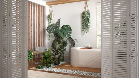 White folding door opening on sustainable modern bathroom with bathtub and many houseplants,...