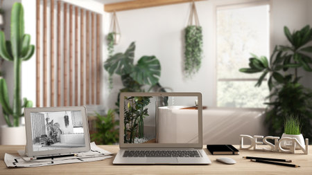 Architect designer desktop concept, laptop and tablet on wooden desk with screen showing interior...