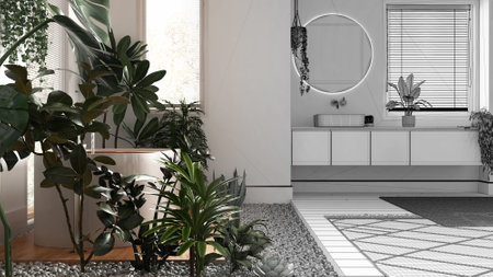 Architect interior designer concept: hand-drawn draft unfinished project that becomes real, biophilia interior design, wooden bathroom with many houseplants. Urban jungle styleの写真素材