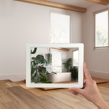 Augmented reality concept. Hand holding tablet with AR application used to simulate furniture and design products in empty wooden interior, urban jungle bathroomの写真素材