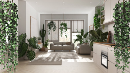 Jungle frame, biophilic concept idea interior design. Tropical leaves over minimal kitchen and living room. Cerpegia woodii hanging plantsの写真素材