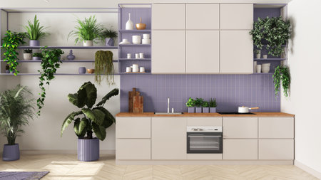 Indoor home garden concept idea. Minimal kitchen interior design in white and violet tones. Parquet, sofa and many house plants. Urban jungle backgroundの写真素材