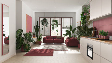 Love for plants concept. Kitchen and living room interior design in white and red tones. Parquet,...