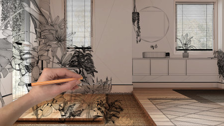 Empty white interior with wooden parquet floor, hand drawing custom architecture design, black ink sketch, blueprint showing bathroom with houseplants and bathtubの写真素材