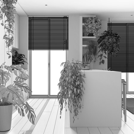 Blueprint unfinished project draft, indoor home garden concept. Kitchen with island. Parquet,...