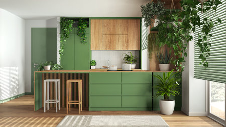 Home garden love. Wooden kitchen with island and stools interior design in white and green tones. Parquet, carpet and many house plants. Urban jungle, indoor biophilia ideaの写真素材