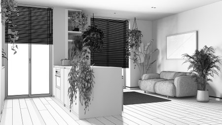 Blueprint unfinished project draft, modern wooden kitchen and living room with island, sofa, window...