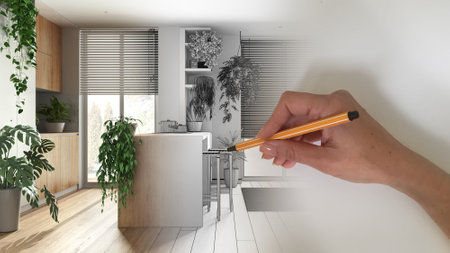 Architect interior designer concept: hand drawing a design interior project while the space becomes real, modern wooden kitchen with island, top view, plan, aboveの写真素材