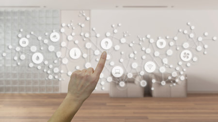 Glowing smart home interface, geometric background, connected line and dots showing internet of...