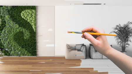 Blueprint project draft, sketch of sitting waiting room, hand painting interior details, design concept idea, vertical garden, custom furnitureの写真素材