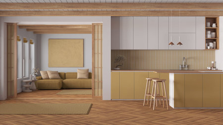 Minimal japandi kitchen and living room in wooden and yellow tones. Fabric sofa and island, paper...