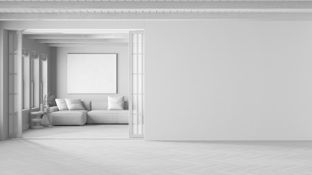 Total white project draft, minimal japandi living room. Mockup with copy space. Fabric sofas, carpet, decor and herringbone parquet. Clean interior designの写真素材